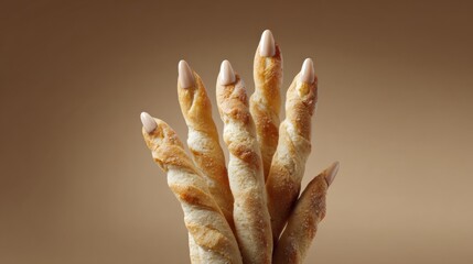 Close-up of multiple crispy breadsticks held together in a bundle with a neutral background emphasizing texture and golden-brown color