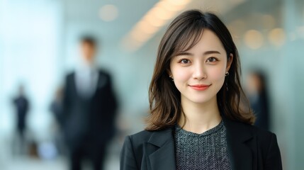 Fototapeta premium A young woman in a professional setting, wearing a black blazer and a patterned top, with a blurred background of office workers.