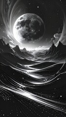 Moody monochrome landscape featuring a vast, cloud-filled sky with a glowing moon above a stylized, fluid ground leading to distant mountains