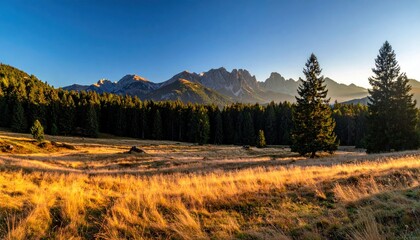 Sweeping landscape of grassy field, a thick forest and distant mountains against a clear blue sky at sunset with glowing golden light