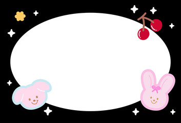 Cute black frame with puppy, bunny, cherry for polaroid frame, animal, social media, poster, post card, rectangle ad template, book cover, sticky note, banner, name tag, paper, pet, vet, dog, easter