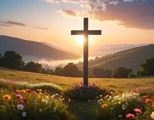 A simple cross stands amidst vibrant wildflowers with rolling, misty hills in the background, bathed in a golden sunset. Serene and hopeful