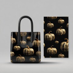 Stylish black tote bag and matching card featu a detailed pumpkin pattern in gold and black perfect for autumn fall decoration or seasonal fashion accessories