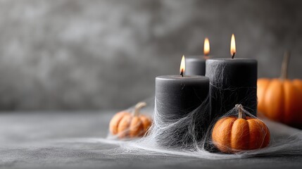 Elegant Halloween themed still life with three black candles burning softly surrounded by small pumpkins and cobwebs on a textured gray background