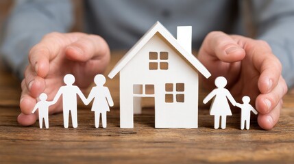 Hands protecting a paper cutout of a house and family.