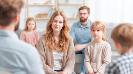 Fototapeta premium A family sitting in a living room, engaged in a conversation.