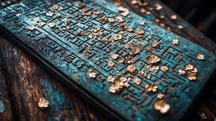 Weathered Metal Plaque with Floral Embellishments on a Rustic Wooden Surface.