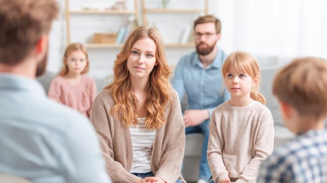 A family sitting in a living room, engaged in a conversation.