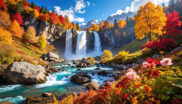 Stunning autumn landscape featuring a vibrant waterfall cascading into a turquoise river, surrounded by colorful foliage and snow-capped mountains