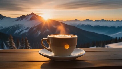A cup of hot cappuccino on a wooden table with a backdrop of snowy mountains and a warm sunrise - Powered by Adobe