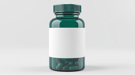 Obraz premium A dark teal, cylindrical plastic bottle with a dark teal screw-top lid, containing several dark teal capsules. A blank white label wraps around the middle. 
