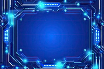 Abstract digital illustration featuring a glowing blue circuit board frame encompassing a dark blue central area.  The frame consists of interconnected lines and glowing nodes, 