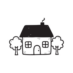 Simple house and trees hand-drawn sketch. Cute childlike doodle illustration of a home, black and white line art isolated on white background. Naive real estate icon.
