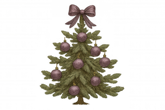 Christmas tree art with a decorative pink bow and round purple ornaments, evoking festive holiday cheer. Transparent background