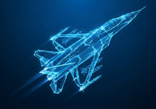 Digital fighter jet. Digital military airplane in futuristic tech style. Polygonal jet fighter hologram. Futuristic digital fighter jet rendered in a glowing blue wireframe network