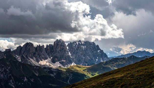 Dramatic, scenic view rocky mountain peaks touch stormy clouds above green valleys and hills. Sunlight filters through, highlighting parts - Powered by Adobe