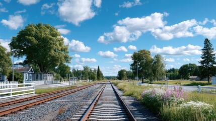 Fototapeta premium Perspective View of Railway Tracks Under Blue Sky with Green Trees and White Clouds on Sunny Day