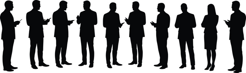 Silhouette business people standing together, group discussion, teamwork concept, professional meeting, corporate communication, vector illustration, office 