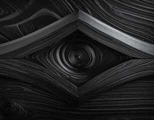 Abstract geometric composition with layered, swirling textures in dark gray tones forming diamond-shaped focal point with a spiral in the center