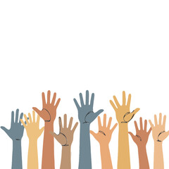 A diverse group of hands of various skin tones raised in the air, symbolizing unity, participation, and community.