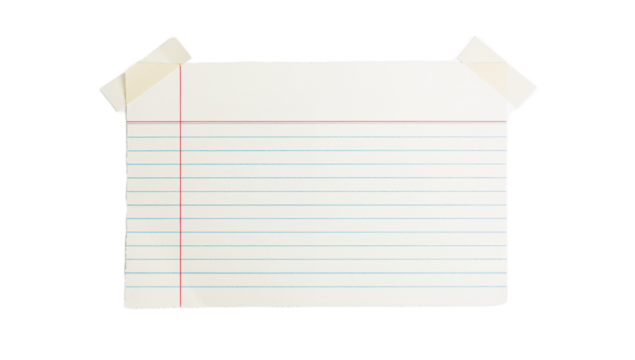 A blank, ruled index card is taped to a white background, ready for notes or a message