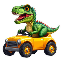Obraz premium Dinosaur Driving Adventure Isolated On White Background: A playful and vibrant illustration featuring a cheerful dinosaur behind the wheel of a colorful toy car. 