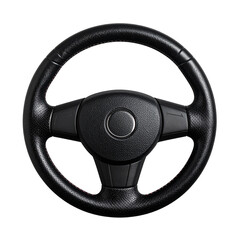 Steering Wheel close up Isolated On White Background: A detailed studio shot showcases the sleek, modern design of a car's steering wheel, highlighting its functionality and ergonomic form. 