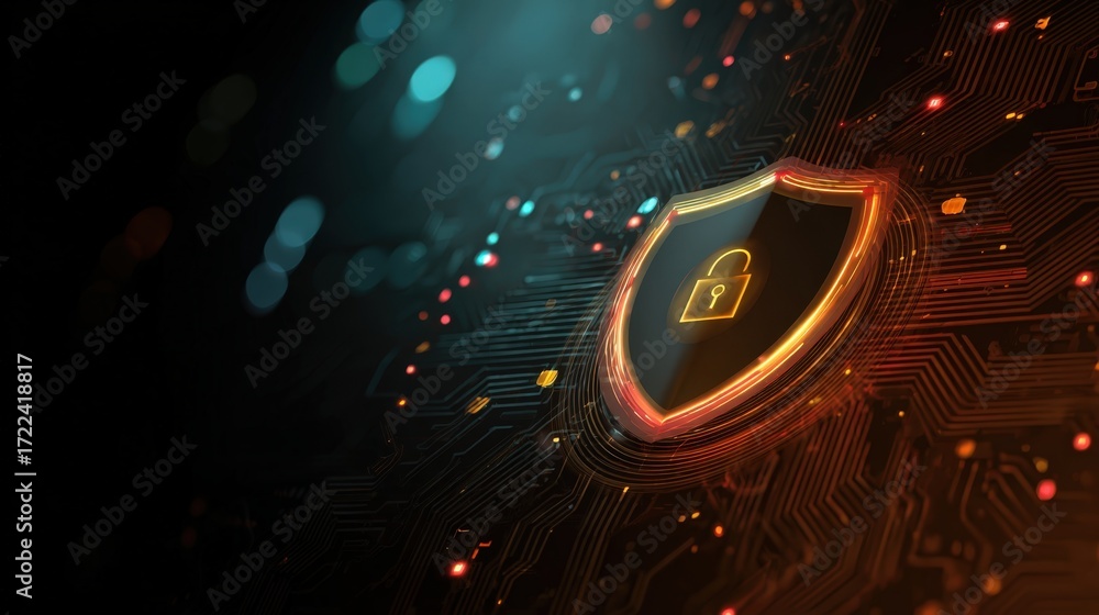Poster abstract digital background featuring shield symbol with padlock representing cybersecurity protecti