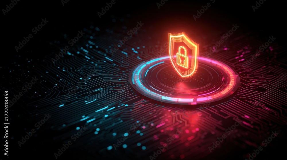 Poster futuristic digital shield with padlock on circuit background representing cybersecurity and protecti
