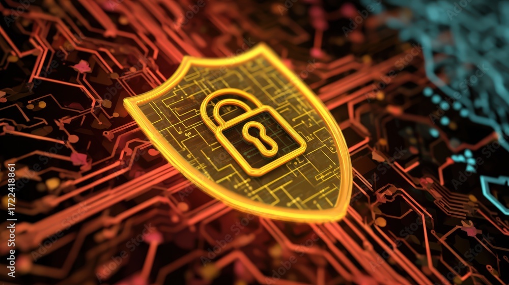 Poster digital shield icon representing cyber security with circuitry background in vibrant colors