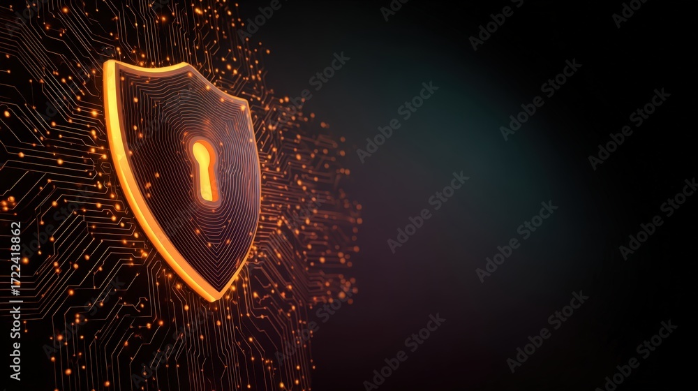 Poster futuristic shield icon on a digital background with circuits and keyhole design for cybersecurity th