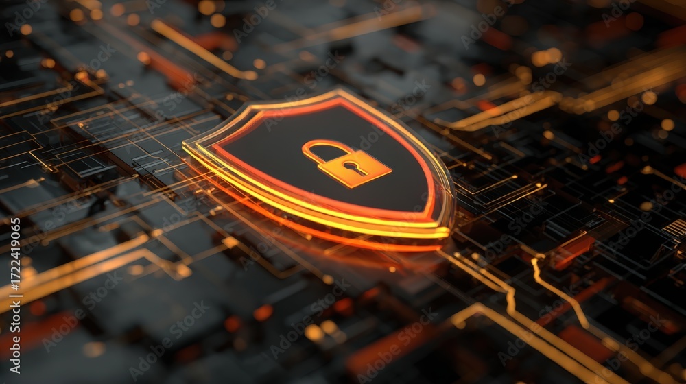 Poster futuristic shield design with lock symbol on abstract digital background for cybersecurity concepts