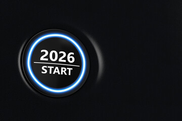 Start Stop Car Engine Button Year 2026 on a Modern Car Dashboard Interior. 3d Rendering
