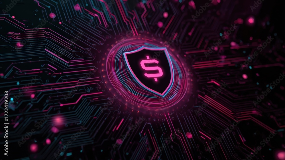 Poster futuristic digital background with shield symbol and currency sign in neon colors and circuit patter