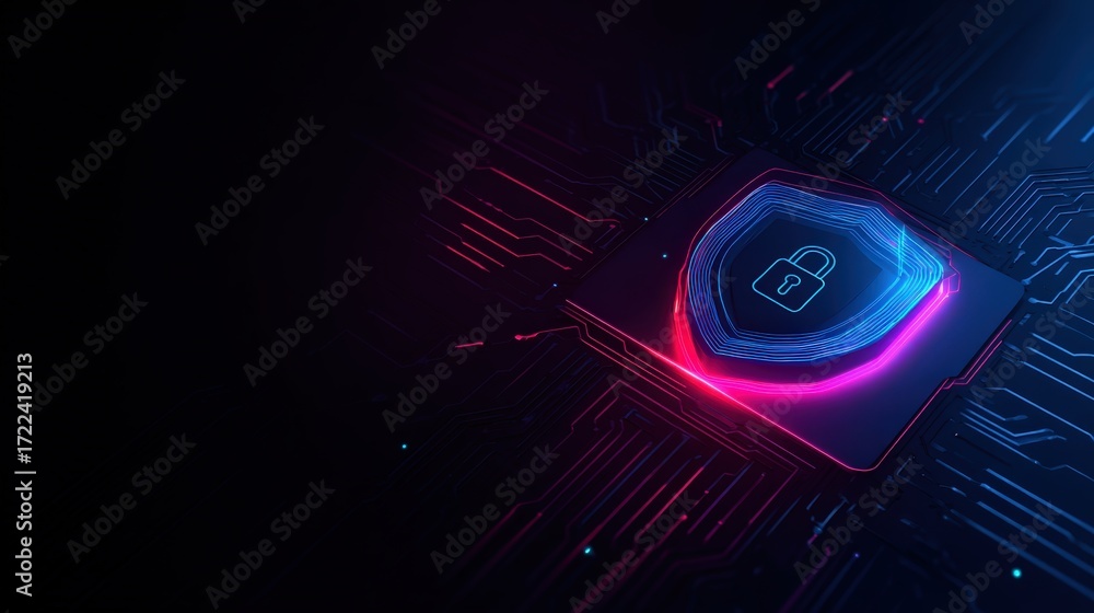 Poster digital security background with neon shield icon and circuit pattern for modern technology concepts