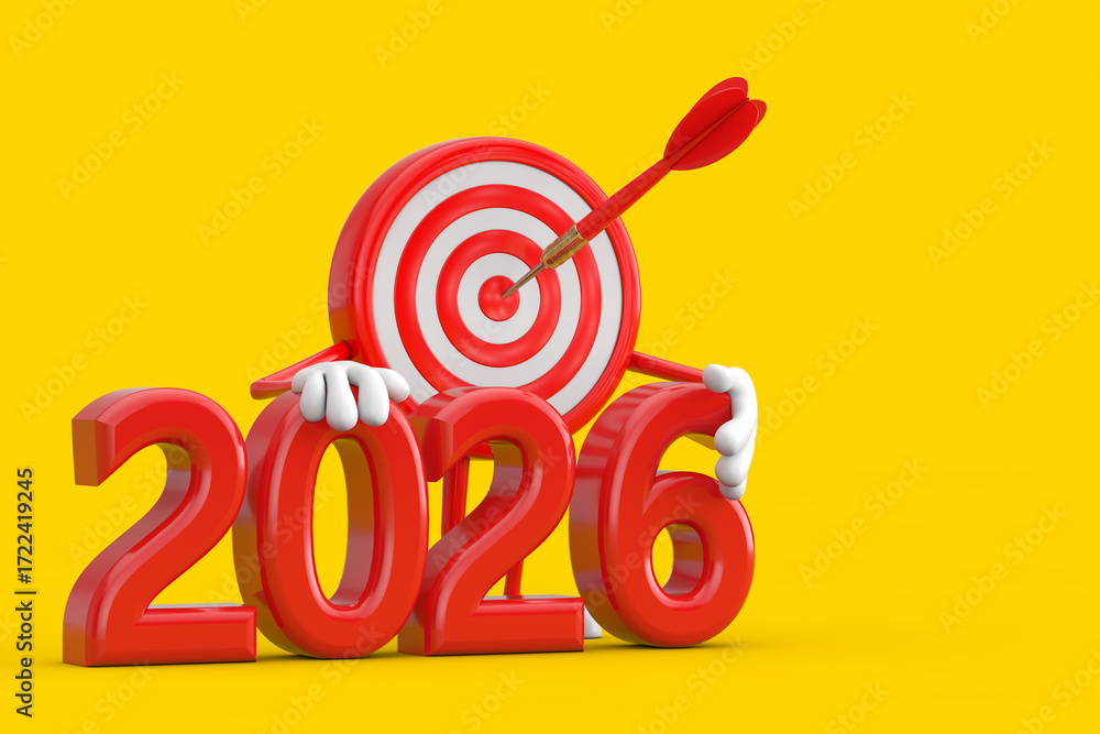 Poster archery target and dart in center cartoon person character mascot with red 2026 new year sign. 3d re