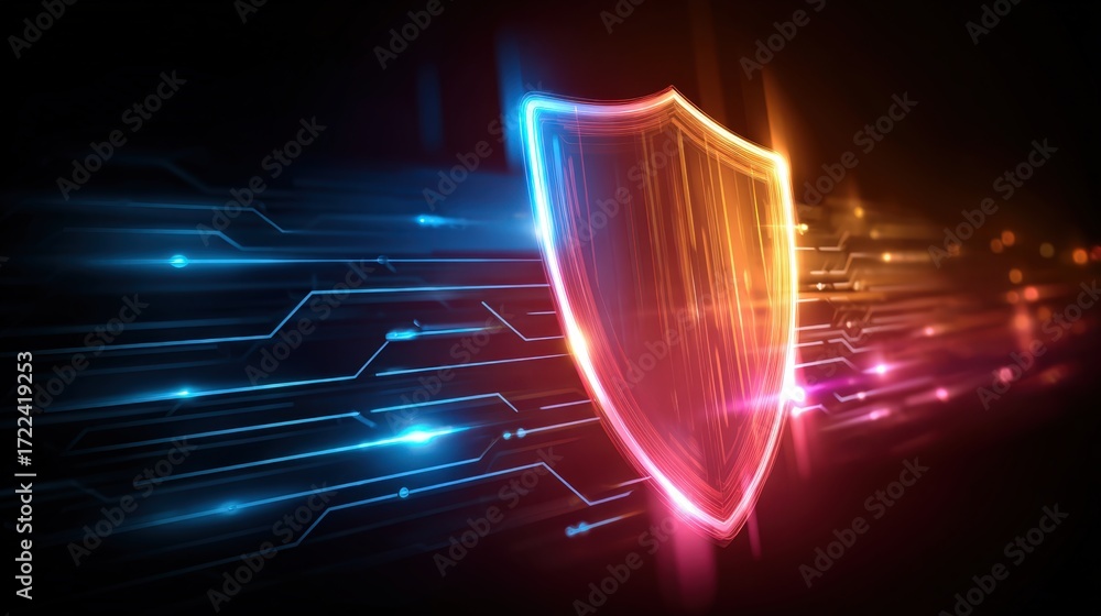 Poster vibrant shield with dynamic light effects on a dark background in a cybersecurity concept
