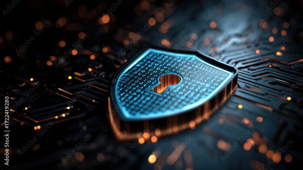 Poster digital shield with binary code background representing cybersecurity and data protection concepts