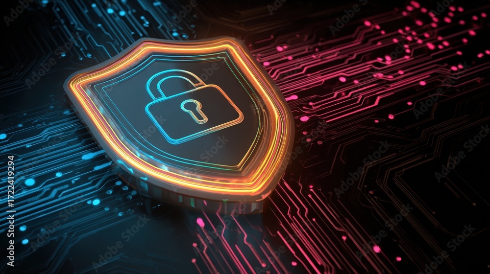 Poster digital shield icon on circuit background representing cyber security and data protection technology