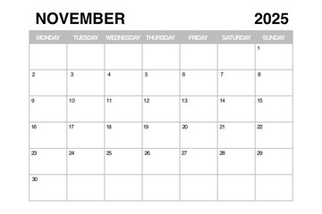 November 2025 Monthly Calendar Planner Template. 3d Rendering