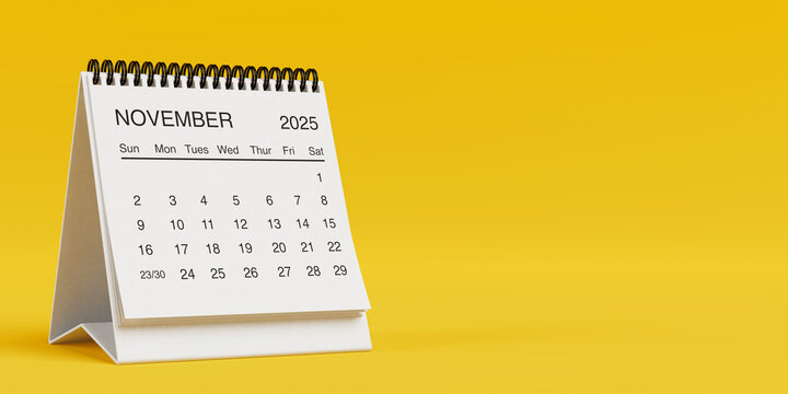 White Desk Monthly November 2025 Business Calendar. 3d Rendering