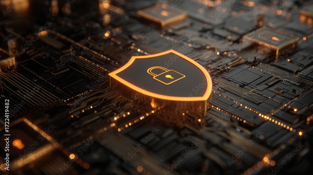 Poster digital security shield icon on circuit board background with glowing orange highlights and network 