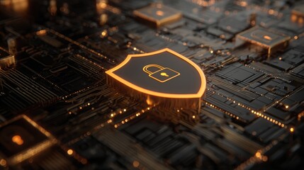 Digital security shield icon on circuit board background with glowing orange highlights and network design