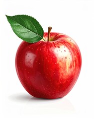 A vibrant red apple stands on a white surface, showcasing its glossy skin and a single green leaf attached to its stem