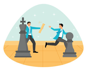 Fototapeta premium Succession planning concept. Businessmen Competing Over a Large Chessboard in a Office Setting.