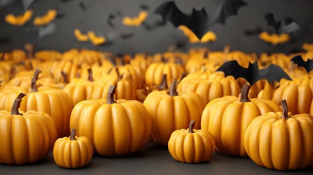A festive Halloween scene with orange pumpkins and black bats in a gray background