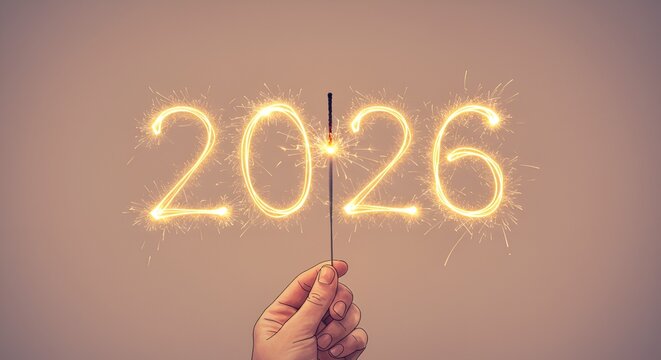 A hand holds a sparkler forming the glowing year 2026 against a soft background - Powered by Adobe