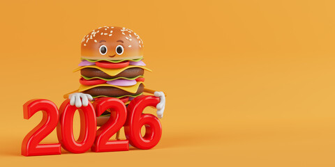 Cartoon Premium Delicious Burger Icon Person Character Mascot with Red 2026 New Year Sign. 3d Rendering