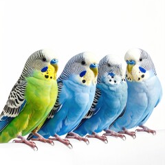Four brightly colored budgies are lined up against a white background. The birds are green, blue and light blue