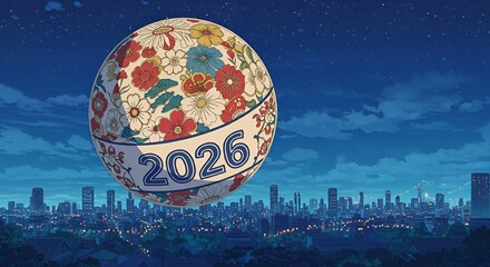A decorative floral sphere with '2026' floats over a brightly lit, tranquil city skyline at night.